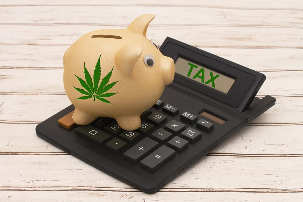 A piggy bank with a cannabis leaf on the side sitting on a calculator that reads "TAX"