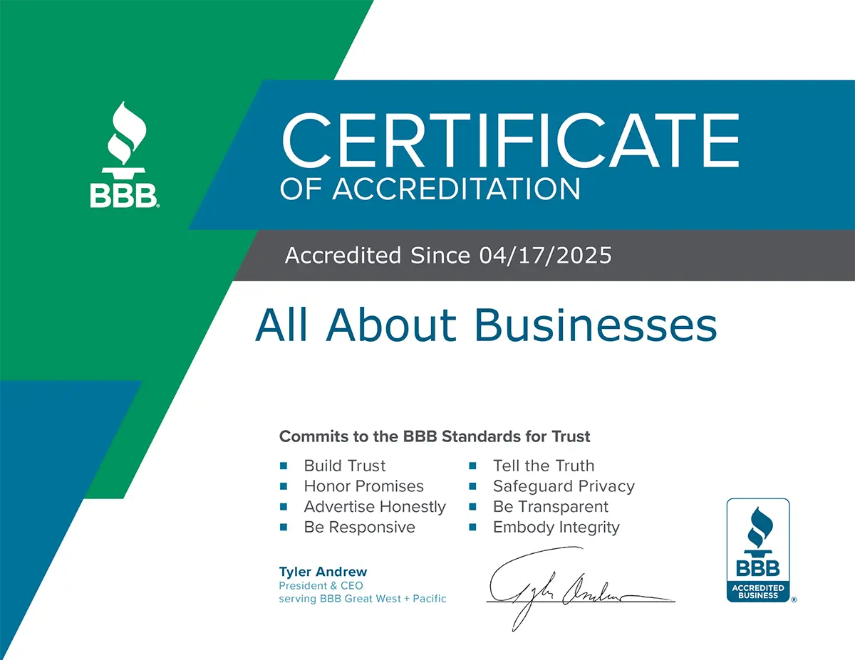 A certificate from the Better Business Bureau listing All About Businesses as an Accredited Business that commits to the BBB's Standards for Trust.